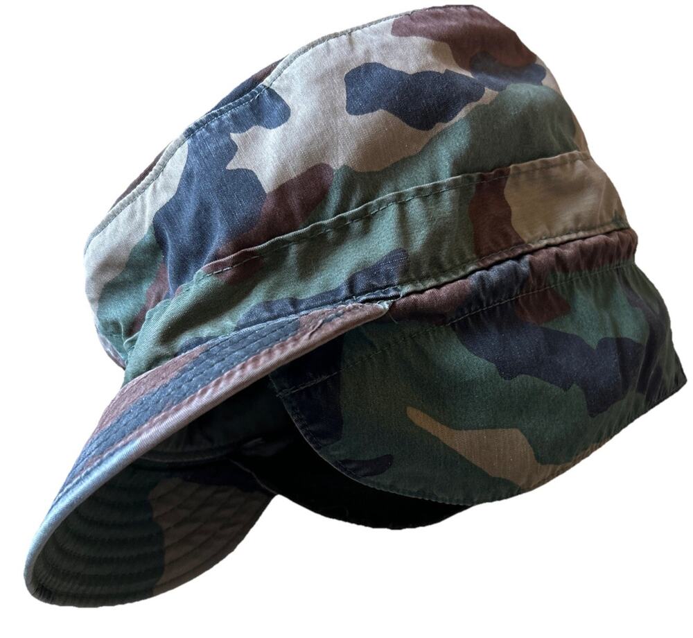 Vintage Army Military Woodland Camo Pattern Cap w/ Ear Flaps Hat Size 7 1/4